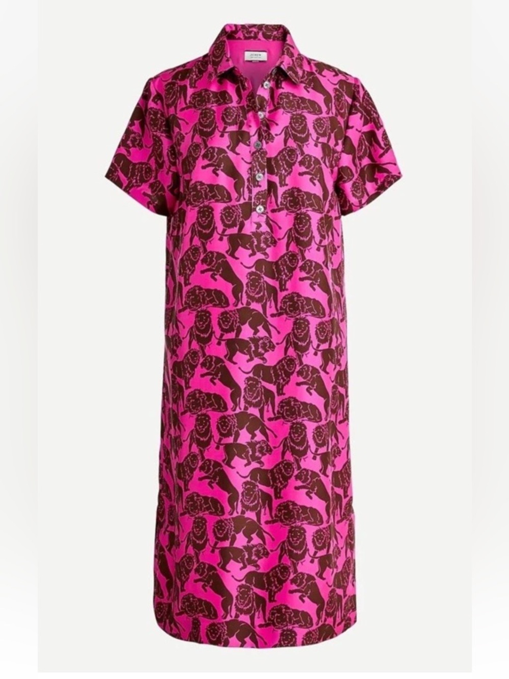 J. Crew Collection Silk Twill Shirt Dress Size 0 Sleepy Lions Print Pink Preppy